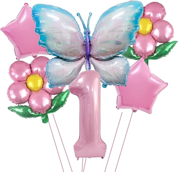 molchagar 1st Birthday Butterfly Balloons, Pink Blue Foil Set for Girl