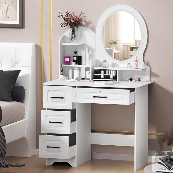 Makeup Vanity Desk with Mirror,Vanity Desk with Lights Vanity Table Set with Storage Shelves,4 Drawers,Makeup Vanity Table with Light,Dressing Table and Chair Set for Girls Bedroom Fast Arri