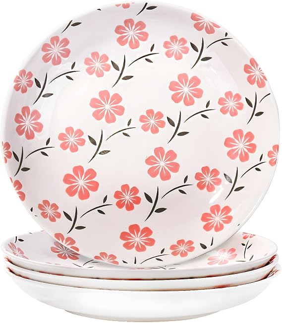 Ceramic Dinner Plates Set of 4, 8 Inch Pink Floral Print Shallow Salad Pasta Bowls, Microwave Dishwasher Safe for Kitchen Daily Use Housewarming Gift
