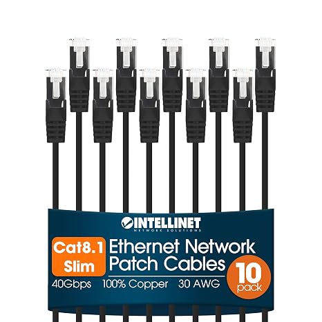 Intellinet Cat8.1 Slim U/FTP RJ45 Ethernet Cable 10-Pack, 7 ft, Black