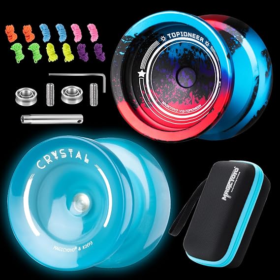 MAGICYOYO Pack of 2 Yoyos, Responsive yoyo for Kids 8-12, Metal Yoyo V12 + Plastic Yo yo K2, Professional Yo Yo for Adults, Dual Function yoyos with Concave Bearing Kit, 12 Yo-yo Strings