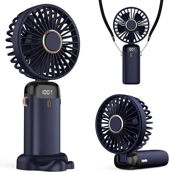 Taşınabilir USB Vantilatör, 4200mAh Şarjlı El Tipi Fan, LED Ekranlı, 3'ü 1 Arada El/Boyun/Masa Fanı, Yaz, Ofis, Seyahat için, Kadınlar, Kızlar ve Çocuklara Hediye (Lacivert)