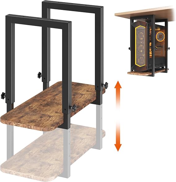 Heavy Duty Under Desk PC Mount, Height Adjustable, Black & Rustic Brown