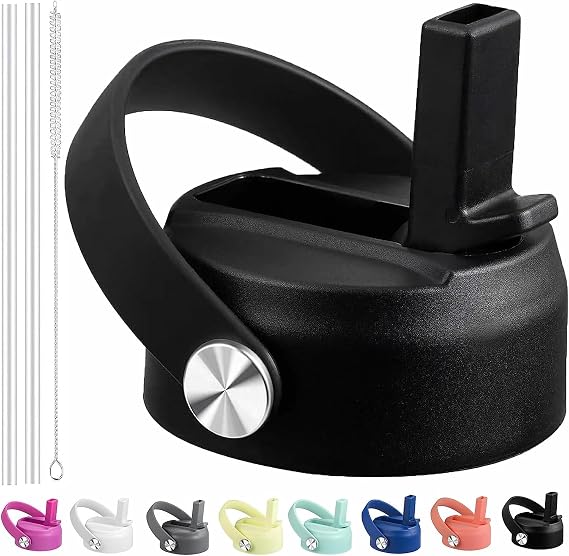 Straw Lid for Hydro Flask Wide Mouth Water Bottle, Top Lid with Straw Fits Hydro Flask 32 40 oz Replacement Cap, Wide Mouth Straw, Flip Lid, Flex Handle, Black