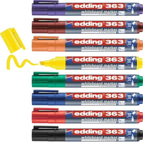 edding 363 whiteboardmarker set - diverse kleuren - 8 whiteboardstiften - beitelpunt 1 - 5 mm - boardmarker uitwisbaar - voor whiteboard, flipchart, prikbord, memobord - sketchnotes - navulbaar
