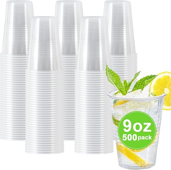 Clawsoff 500 Pack 9 oz Clear Plastic Cups Disposable Clear Water Cups | Plastic Drinking Cups, PP Material, Leak Proof,BPA Free, Large Quantity Set, Fit for Travel,Bathroom, Home,Picnic