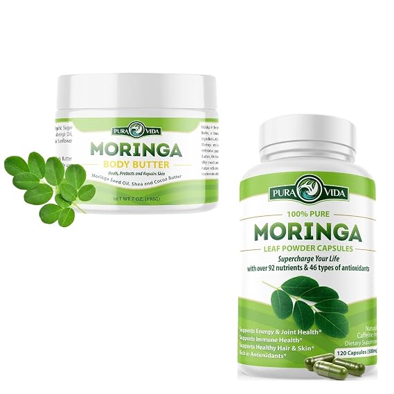 PURA VIDA MORINGA 100% Natural Ingredients Moringa Oil Body Butter for Dry Skin with Vitamin A, C, and E Capsules, Organic. Energy, 120ct. 500mg Caps
