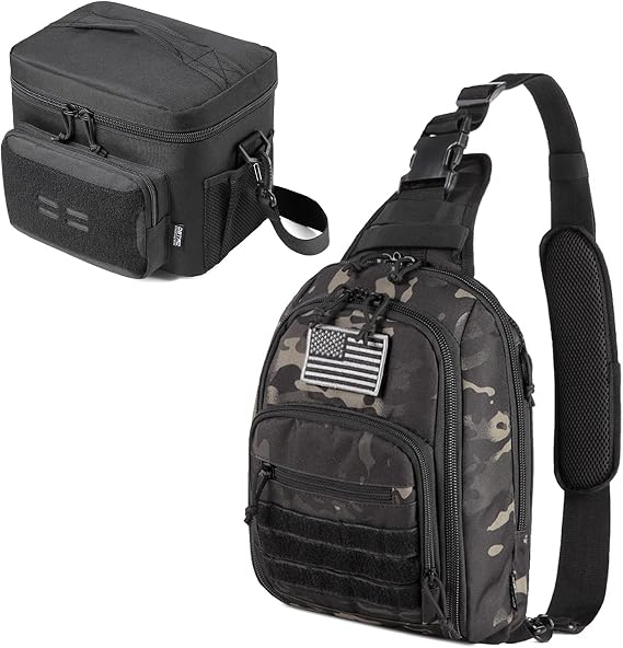 Tactical Concealed Carry Sling Bag (Charcoal Camo) + Tactical Lunch Bag (Urban Black)