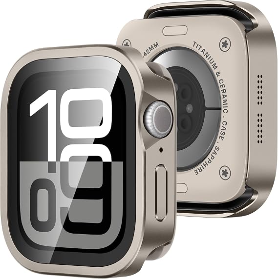 Amizee Metal Case Compatible with Apple Watch Series 11/10 42mm Case with Built-in Screen Protector, Straight Edge Ultra Thin with Back Cover Protective Cover for iWatch 42mm, Titanium