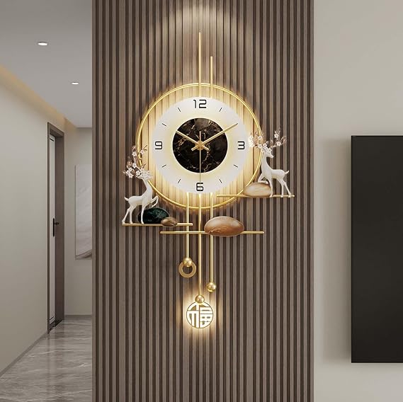 Modern Wall Clock for Living Room,Large Gold Decorative Wall Clock with Light,Creative Silent Clock Battery Operated for Kitchen/Entryway/Bedroom/Dinning Room Metal Wall Decor(70 * 41cm)