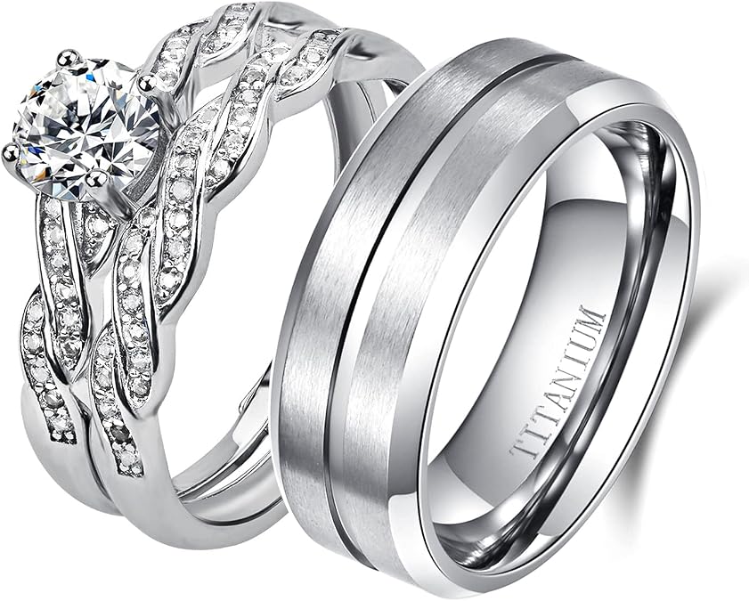 Couple Ring Bridal Set His Hers White Gold Plated CZ Stainless Steel Wedding Ring Band Set