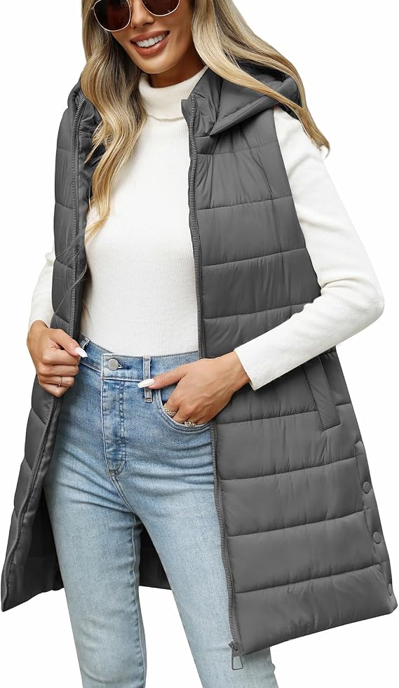 HEEKPEK Puffer Vest Women Long Hooded Sleeveless Zip Up Quilted Vests Outerwear Lightweight Puffy Jacket Fall Winter Coat