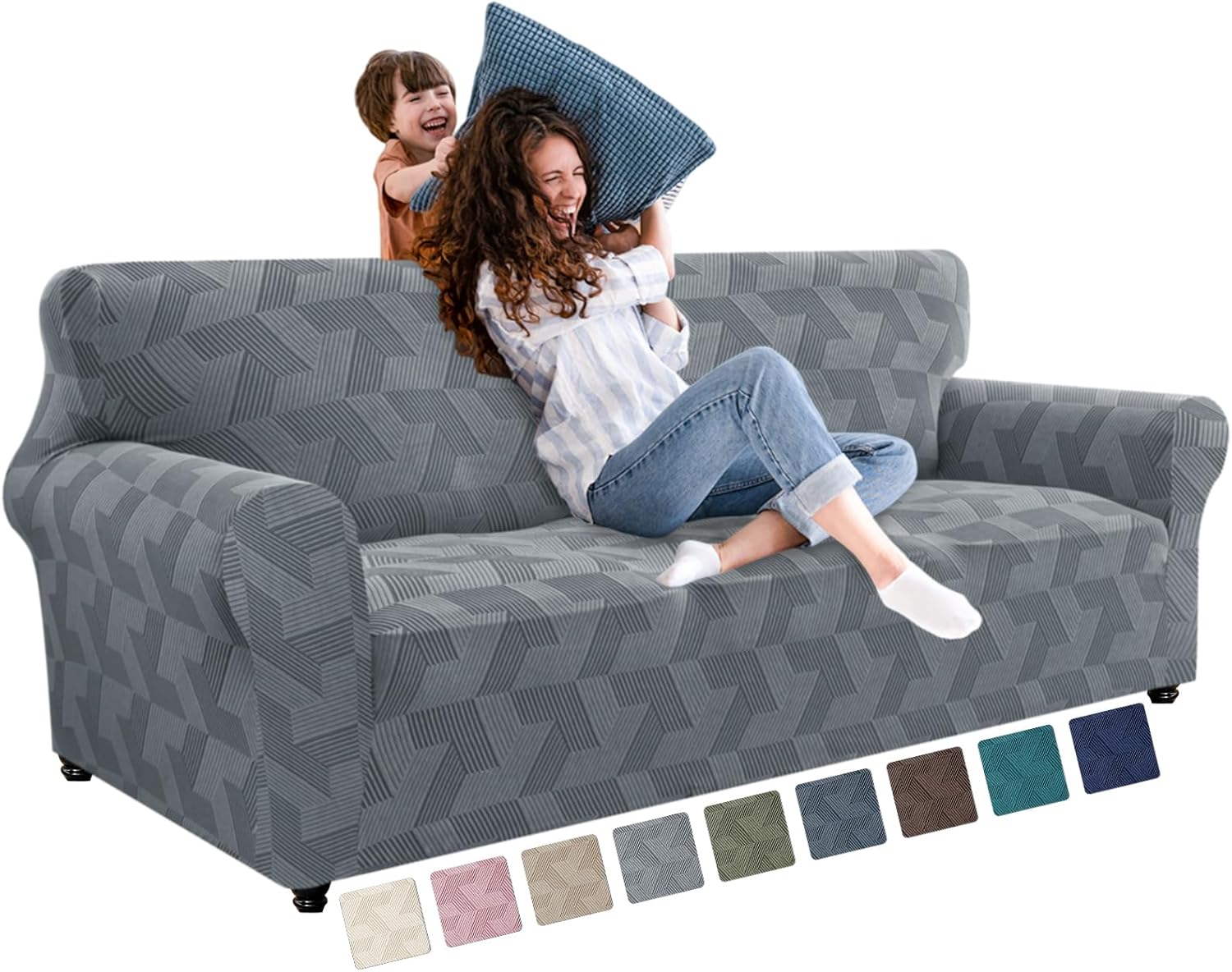 XINEAGE Stretch Sofa Covers 3 Seater, 1 Piece Sofa Slipcovers with Non Slip Design, Soft Couch Covers, Washable Furniture Protector for Dog/Pets Feature Geometrical Jacquard Fabric(Sofa,Light Grey)