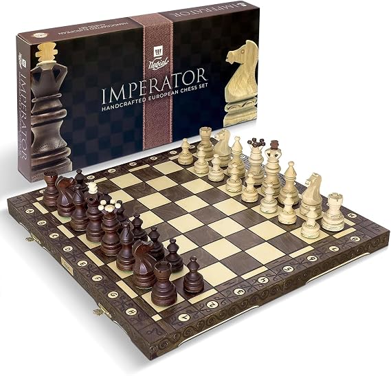 Shop Square Wegiel Imperator 21-Inch Luxury Wooden Chess Set for Adults and Kids - Handcrafted from Premium Beech and Birch Wood - Unique Folding Design with Chess Piece Storage, Brown