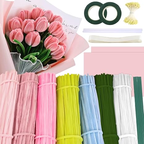 450pcs Coloured Pipe Cleaners Craft Flowers Kit, Pipe Cleaners for Craft Flower Bouquet, Chenille Stems Arts and Crafts with Floral Wires, Tape, Stamen & Ribbon, for Creative DIY Decor (5 Colors)