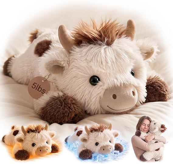 Mewaii Weighted Stuffed Animals Long Haired Cow, Heatable Coolable, 2-5lbs | Adjustable Comfort, Microwaveable Removable Inner Pad, Machine Washable Cover, Cozy Gift for Adults & Kids, 23in
