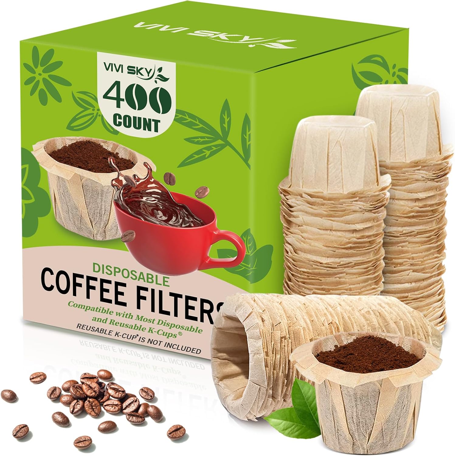 Disposable Coffee Filters, 400 Count K Cup Filters Paper Filter Compatible with Keurg Brewers Single Serve 1.0 and 2.0 Reusable K Cup Pods (400, Unbleached)
