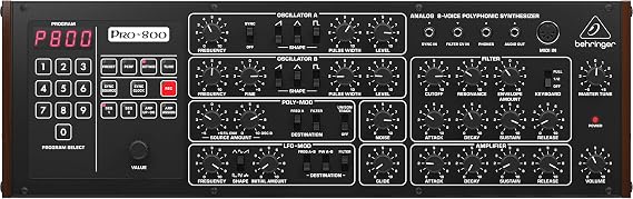 Behringer PRO-800 Classic Analog 8-Voice Polyphonic Synthesizer with 2 VCOs, Classic VCF, Arpeggiator, Sequencer and 400 Program Memories in Eurorack Format