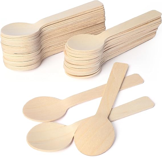 LotFancy Mini Wooden Spoons, Pack of 100, 4 inch Length, Disposable Tasting Sampling Spoons, Biodegradable Compostable Eco-friendly Birchwood Taster Spoons