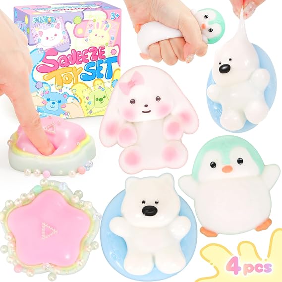 NINAOR Squishy Fidget Toys 4Pcs, Cute Penguin Bunny Pool Dog Squeeze Sensory Toys for Kids Stress Relief Gifts Treasure Box Toys for Classroom Birthday Party Favors Easter Stocking Stuffers for Teens