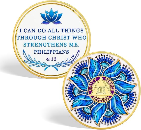 CHURYUML Mandala Meditation 19 Year Sobriety Coin - Lotus Sober Chip with Philippians 4:13, AA Coins Recovery Medallions Affirmation Token Sobriety Gifts for Women & Men Celebrating Milestones