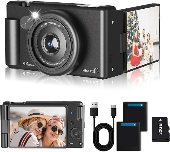 4K Digital Camera 64MP Auto Focus, Retro Vlogging Camera for YouTube with 2.8" 270° Flip Screen, Compact Point and Shoot Camera with 32GB Card, 2 Batteries & 16X Zoom for Beginners/Travel