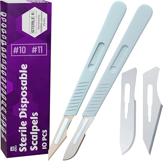 MyMed Disposable Scalpel #10 and #11 Scalpel Blades, Pack of 10 Dermaplaning Blades w. Plastic Handle, Carbon Steel Dermablade Blades Individually Wrapped 5x10 Blade and 5x11 Blade, Sterile