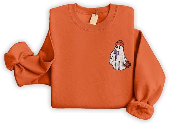 Tegoprints Unisex Halloween Sweatshirt | Ghost Coffee Pullover | Ghost Fall Embroidered Long Sleeve Top