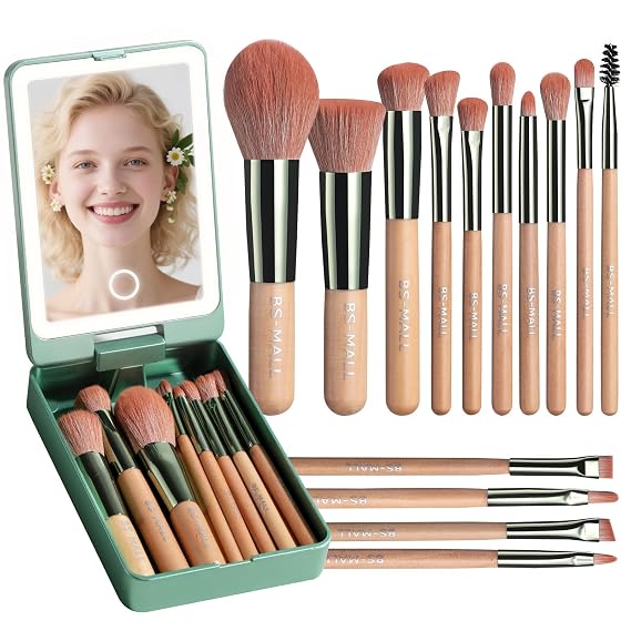 BS-MALL 14Pcs Travel Makeup Brush Set, Foundation/Concealer/Eye,LED Mirror (D-Green)