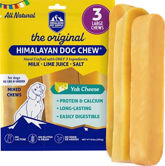 Himalayan Dog Chew, The Original Yak Cheese Dog Chews, 3 Large/XL Yak Chews | Only Salt, Milk & Lime, Natural Long Lasting Dog Bones, Healthy Dog Treats, Lactose Free, Protein Rich, For Dogs Under 65 Lbs