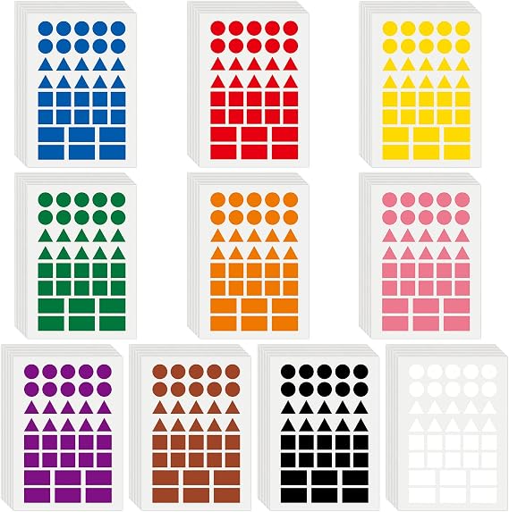 3600 Pcs Multi-Shaped Color Coding Stickers - 10 Colors Dot Triangle Square Rectangle Labels