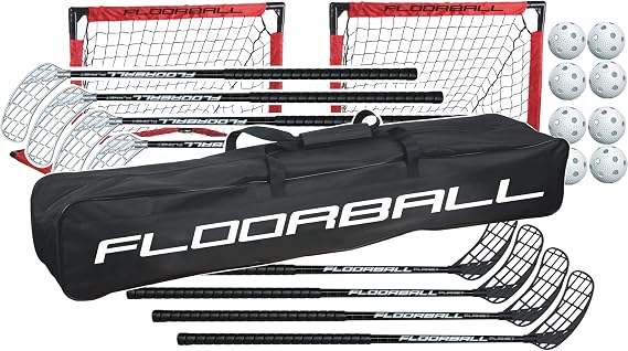 4v4 Floorball Adult Set 95 cm Straight Blade Sticks, 8 Balls, 2 Goals & Stickbag