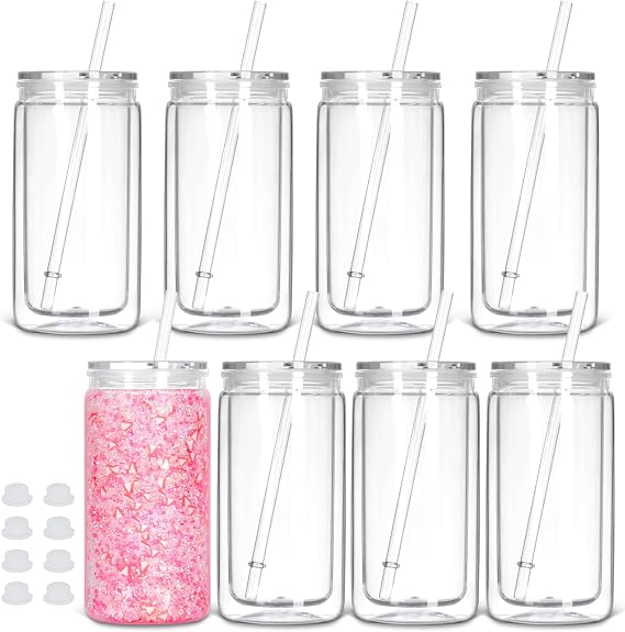 8 Pack plastic Snow Globe Tumbler, 16 Oz Double Wall Plastic Can with Lid and Straw, Mason Jar Mug for Snow Globe Glitter DIY Gift (Clear)