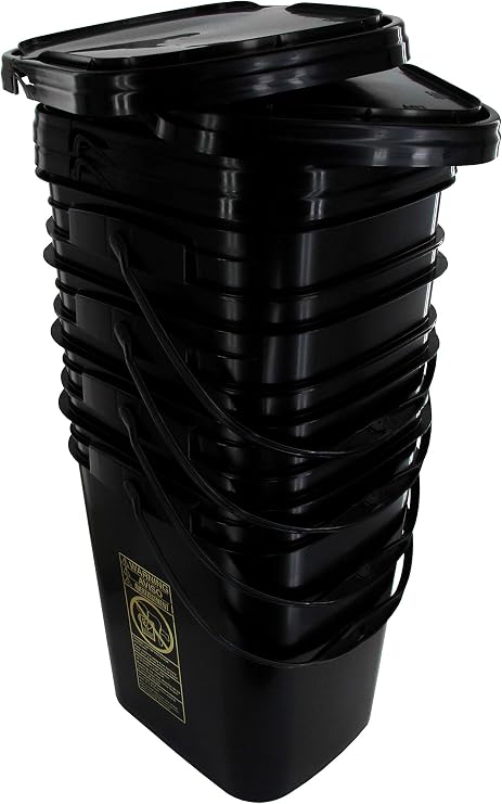 5.3 Gallon Black Rectangular Bucket/Pail with Hinged Snap Lid, 4 Pack