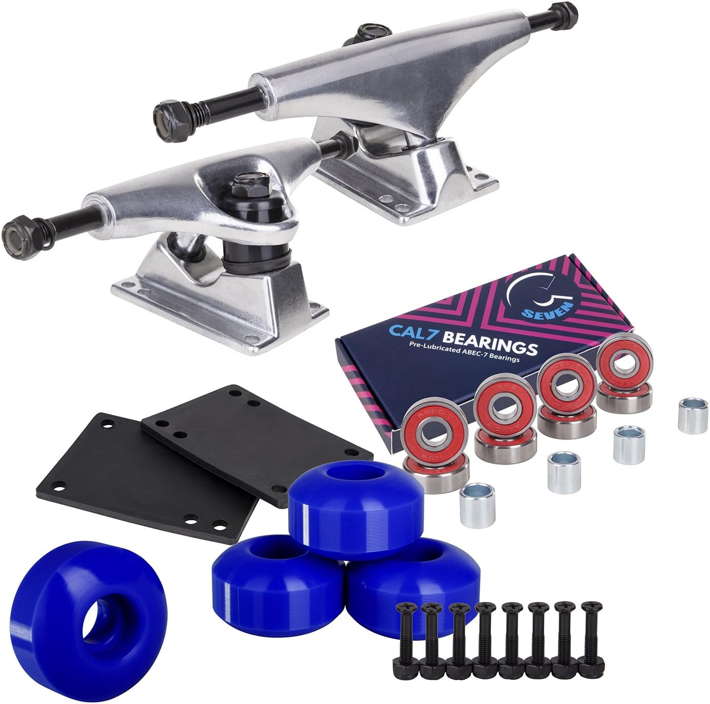 Cal 7 Skateboard Package, Complete Combo Set with 5.5 Inch Quality Aluminum Trucks, 52mm 99A Or 100A Wheels, Bearings & Hardware