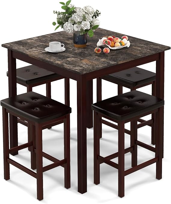 GIANTEX Dining Table Set for 4, Kitchen Table Chairs Set of 4, Counter Height Dining Table Set with 4 Bar Stools, Space-Saving Dinette Table Set for Small Place, Breakfast Nook Table Set (Brown)