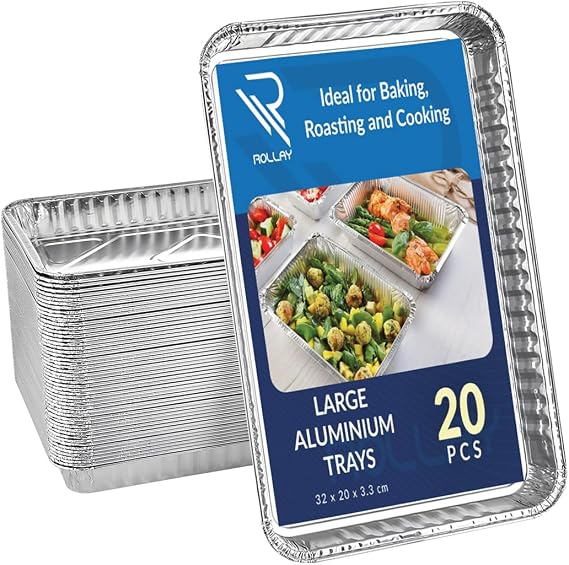 Rollay 20 Pack Large Aluminium Foil Trays (32x20x3.3 cm) - Tin Foil Trays Containers for Cooking, Baking, Broiling, Roasting, BBQ, and Party