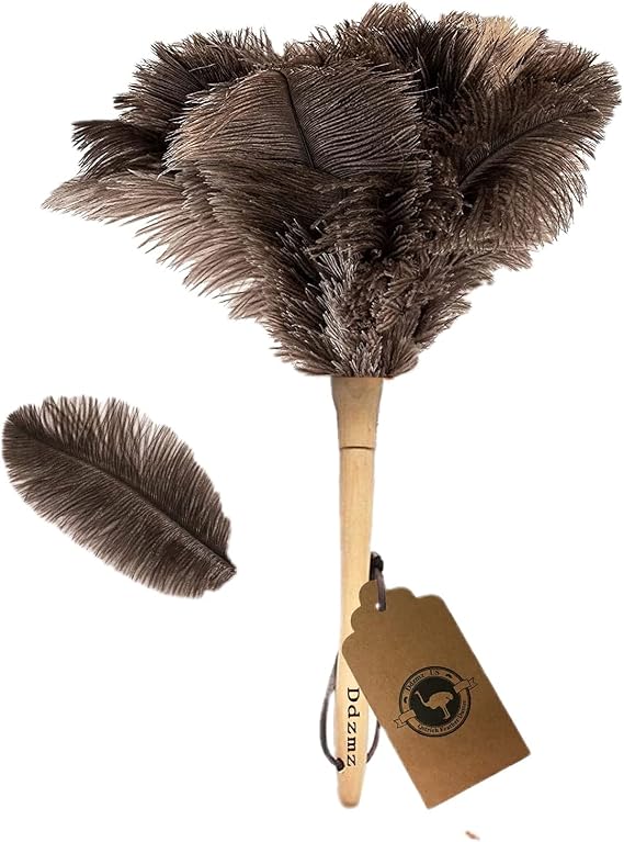 DDZMZ Ostrich Feather Duster for Cleaning with Wooden Handle, 16", Brown