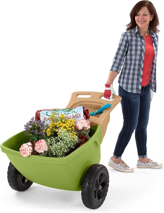 Simplay3 Easy Haul Durable Wheelbarrow with Garden Tool Storage Tray - Large Easy Turn Wheels - Green - Made in USA
