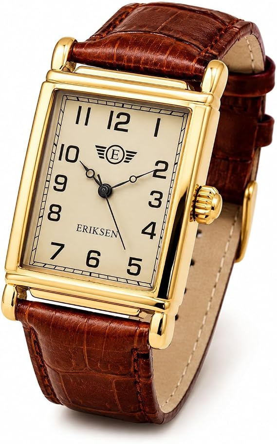 ERIKSEN Men’s Retro Rectangular Analog Quartz Wrist Watch Leather Strap MCG