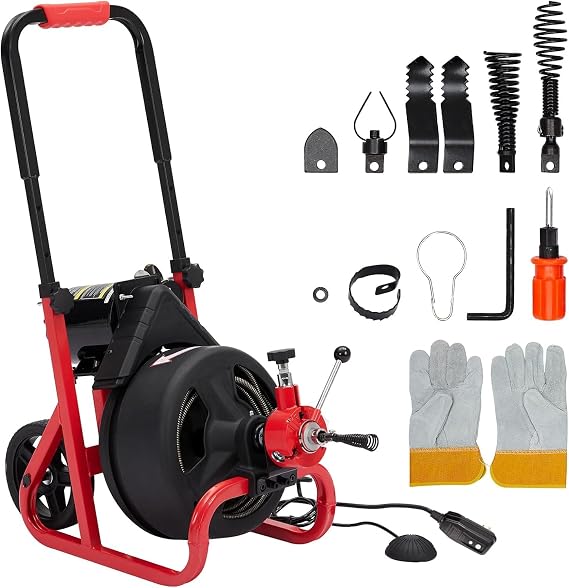 TrailBlaze Drain Cleaner Machine, 75 Ft X 1/2 Inch Sewer Snake Drill Drain Auger Cleaner with 6 Cutters and Gloves, Electric Drain Auger, Commercial Drain Cleaning Machine for 2 to 4 Inch Pipes