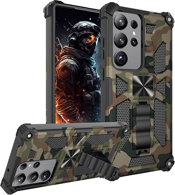 Camouflage Case for Samsung Galaxy S23 Ultra (Not S23) with Magnetic Kickstand, Military Grade Heavy Duty Shockproof Protection Cover for Samsung Galaxy S23 Ultra Camo-Army Green