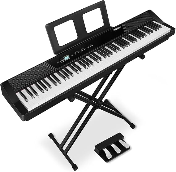MOSEN 88 Key Weighted Portable Digital Piano Set for Beginner Adults | 110 Demo Songs, Full Size Keyboard,Triple Sustain Pedal, Stable Dual X Stand, USB-MIDI & Keyboard Stickers for Daily Practice