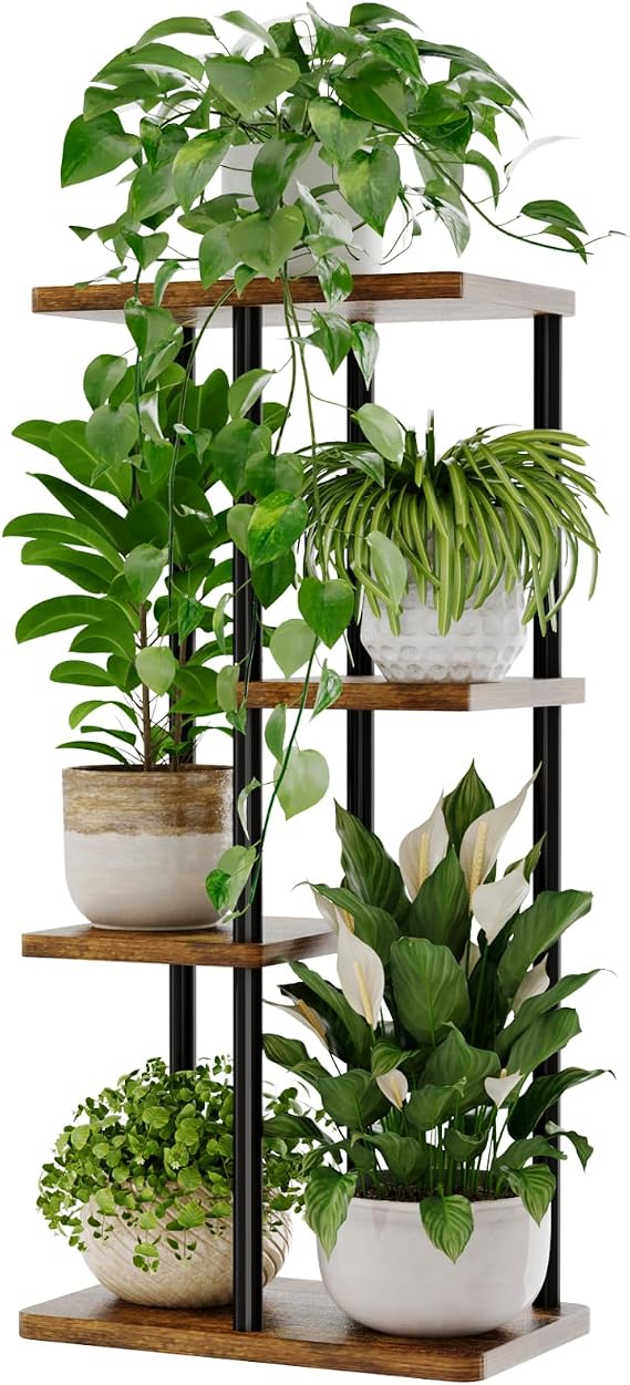 Bamworld Plant Stand 4 Tier Corner Metal Shelf Brown