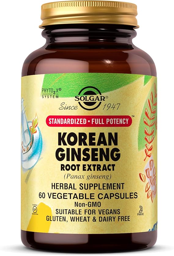 Solgar Korean Ginseng Root Extract, 60 Vegetable Capsules - Immune Support | Standardized, Full Potency (SFP) - Non-GMO, Vegan, Gluten Free, Dairy Free, Kosher - 60 Servings