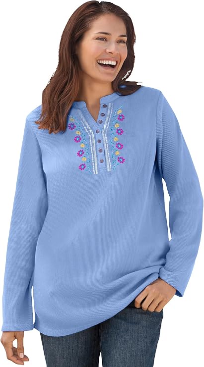 Woman Within Embroidered Thermal Henley Tee