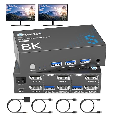 Hearvo 8K Displayport KVM Switch 2 Monitors 2 Computers