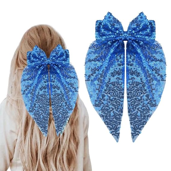 Big Blue Sequin Hair Bow Clips Ponytail Holder Bow-Knot Hair Barrette Princess Hair Accessories Costume for Women Girls Glitter Birthday Party Hair Bow Cosplay Headpiece