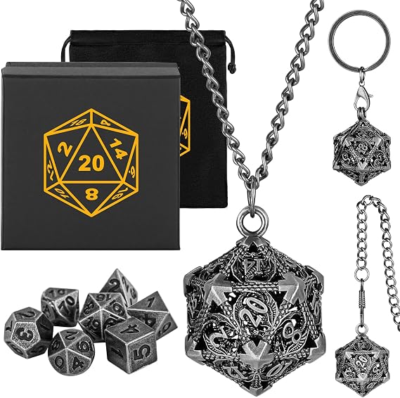 Keller & Weber Taşınabilir Anahtarlık Kolye Cep Zinciri Hollow D20 Metal Kasa ile Mini DND Zar Seti, Küçük 7 adet Çok Yüzlü Metal D D Zar Seti, Hediye Kutusu ile DND Hediyeleri, Rol Yapma Masa Oyunları