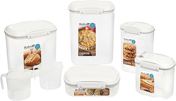 Sistema 5-Piece Food Storage Containers for Pantry with Lids and 2 Measuring Cups for Flour and Sugar, Dishwasher Safe, White